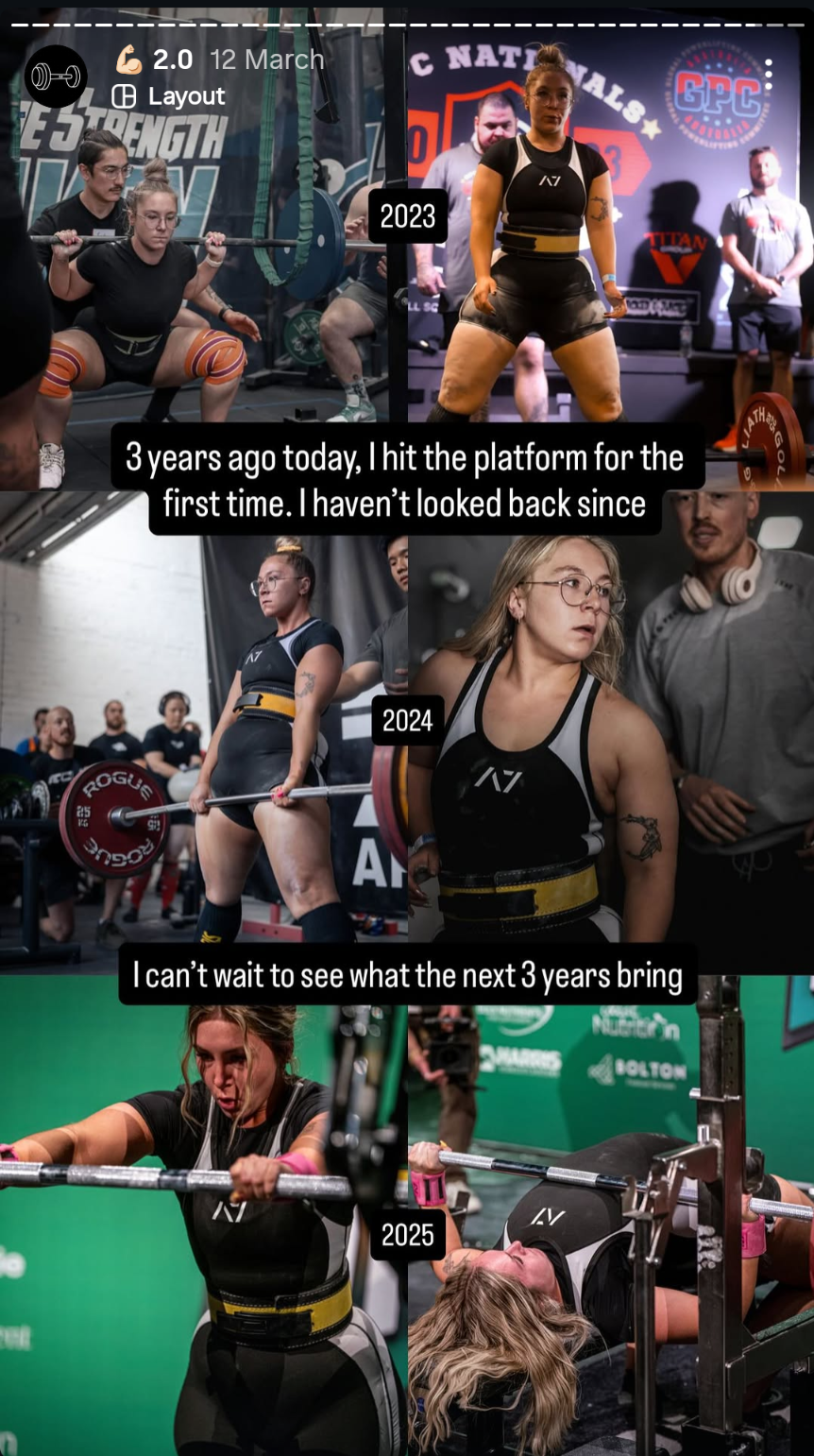 Tamara Hughes Instagram Story of her at a variety of Competition events. Expressing her excitement and love for the sport and anticipation of her future success.