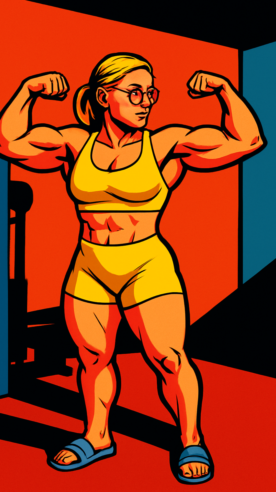 Digital illustration of Tamara Salmon flexing her muscular body. Within the REP66 Studio Gym.