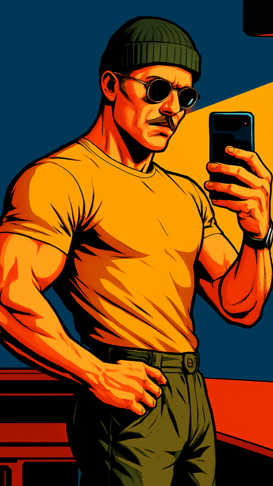 Digital illustration of a man taking a selfie, wearing a green beanie, round sunglasses, a yellow T-shirt, and olive-green pants, with a blue and yellow background.