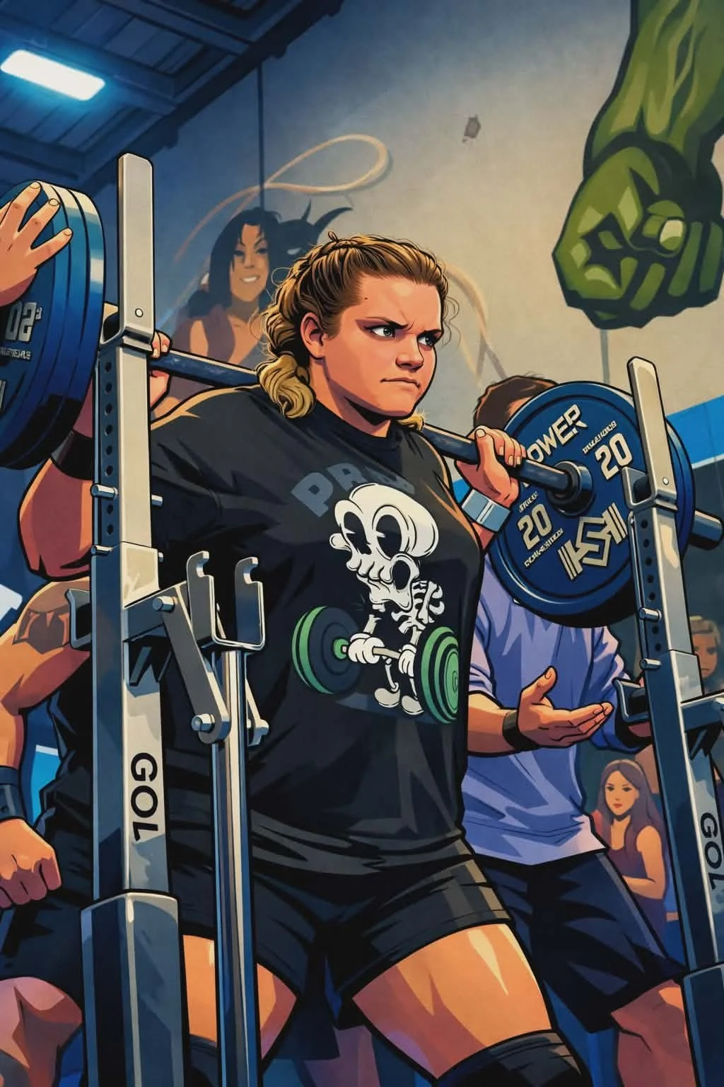 A fierce female athlete with blonde hair tied back, wearing a black T-shirt with a skull and barbell graphic, performing a squat with a barbell loaded with blue weights in a gym. In the background, graffiti-style wall art features a woman with long dark hair and a muscular green figure.