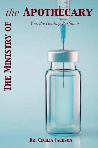 Book cover of 'The Ministry of the Apothecary' by Dr. Cecilia Jackson, featuring an image of a syringe above a glass vial filled with liquid.