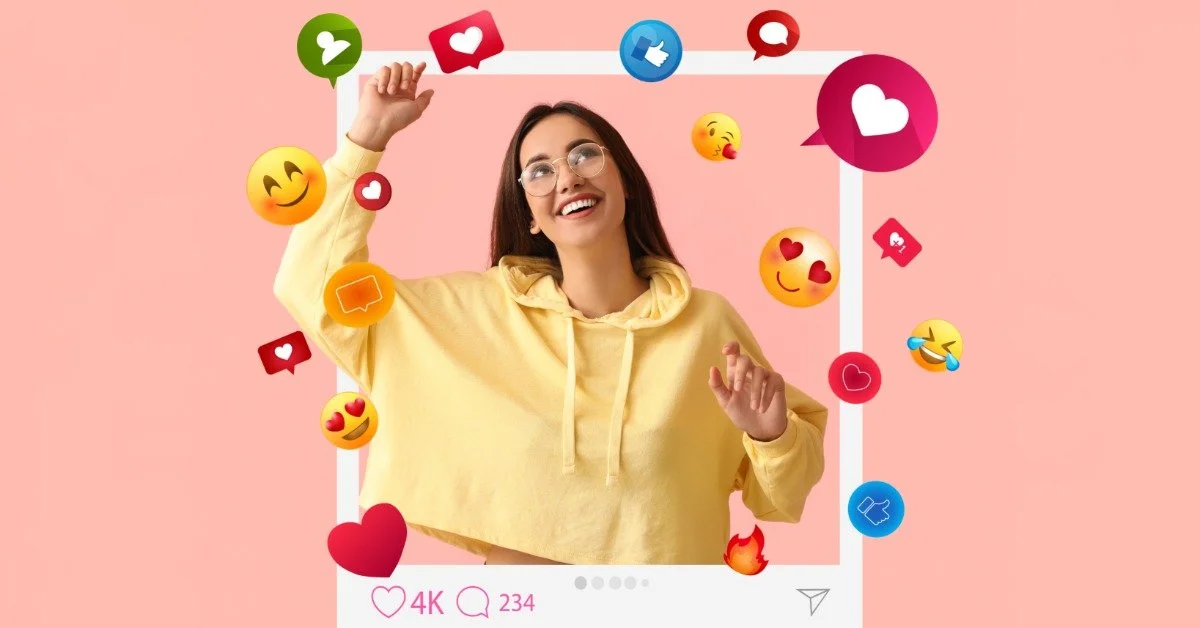 A woman poses inside a frame shaped like a classic Polaroid photo. Emojis and other social media icons surround her.
