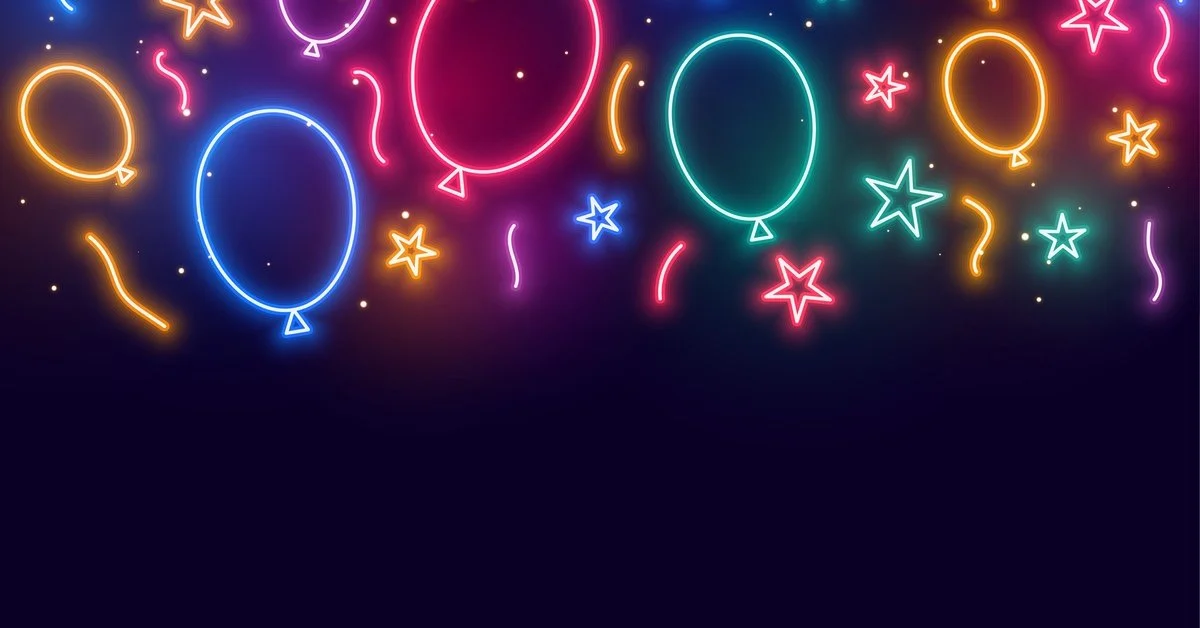 Pink, purple, blue, green, and yellow neon outlines of balloons, stars, and streamers appear across a dark background.