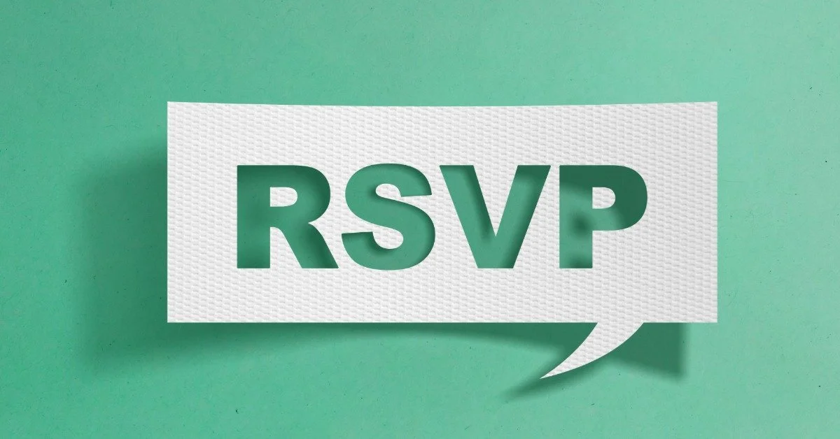 A white speech bubble appears against a mint-green background. The letters "RSVP" are cut out of the bubble.