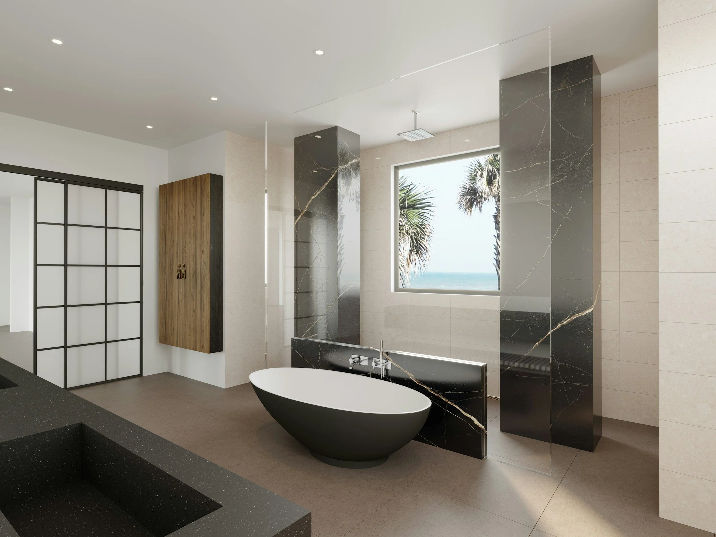 Modern bathroom with freestanding bathtub, black and white color scheme, and large window showing palm trees and ocean view.