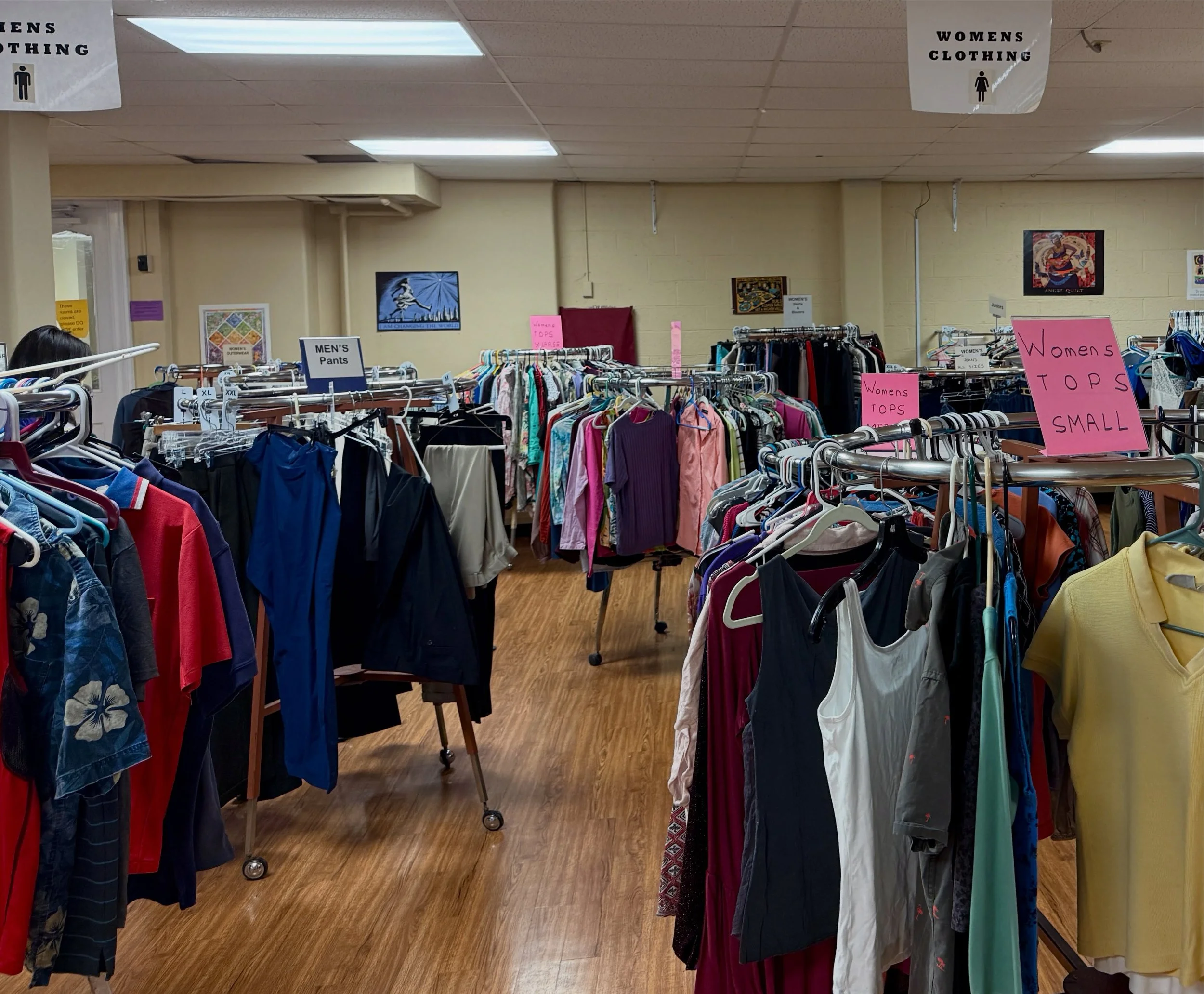 The clothing room is open until noon today! Also, we are still accepting donations for men&rsquo;s summer clothes! ☀️
