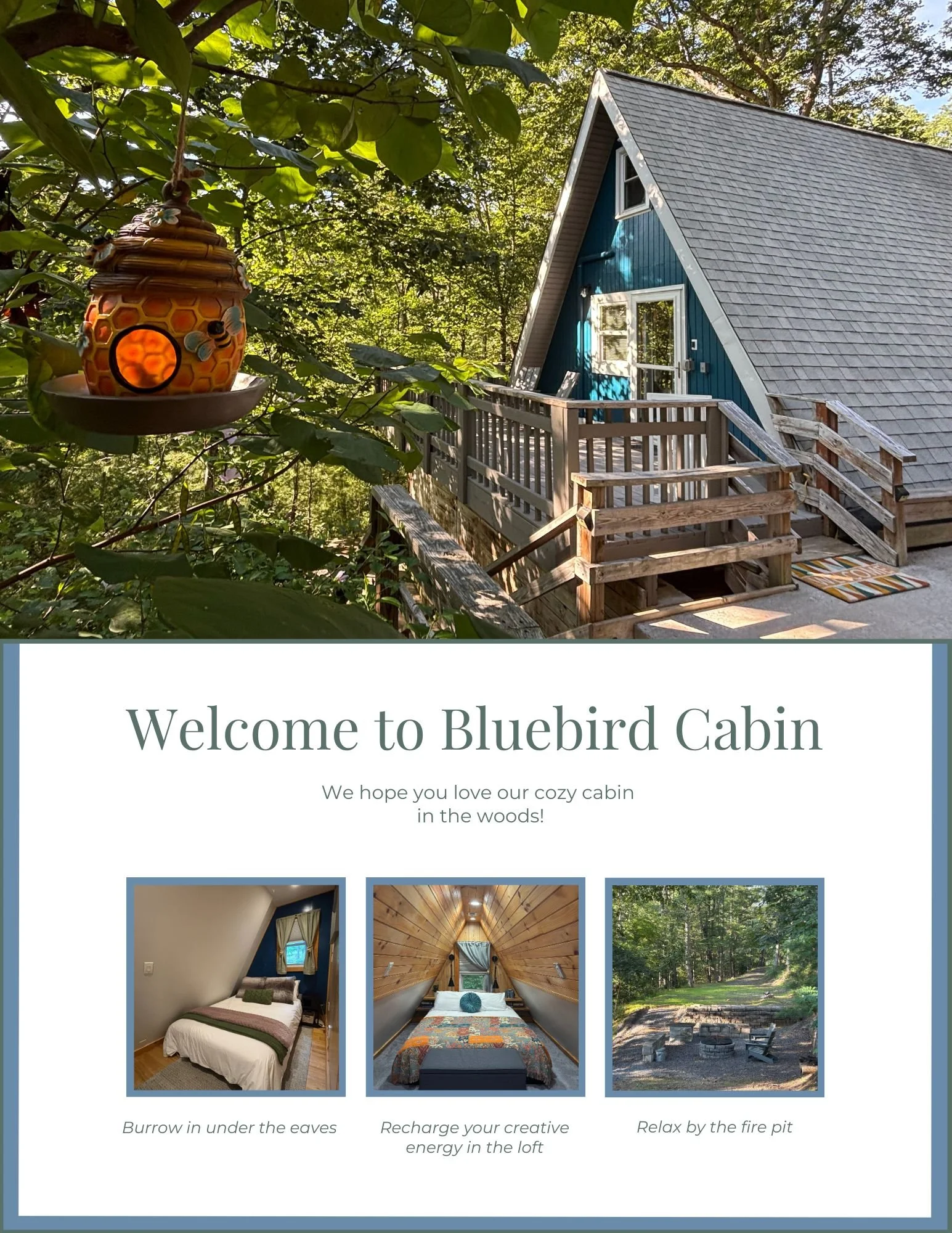 Image of a cozy blue cabin with a wooden deck surrounded by trees, featuring a honeycomb-shaped bee house hanging from a branch in the foreground.