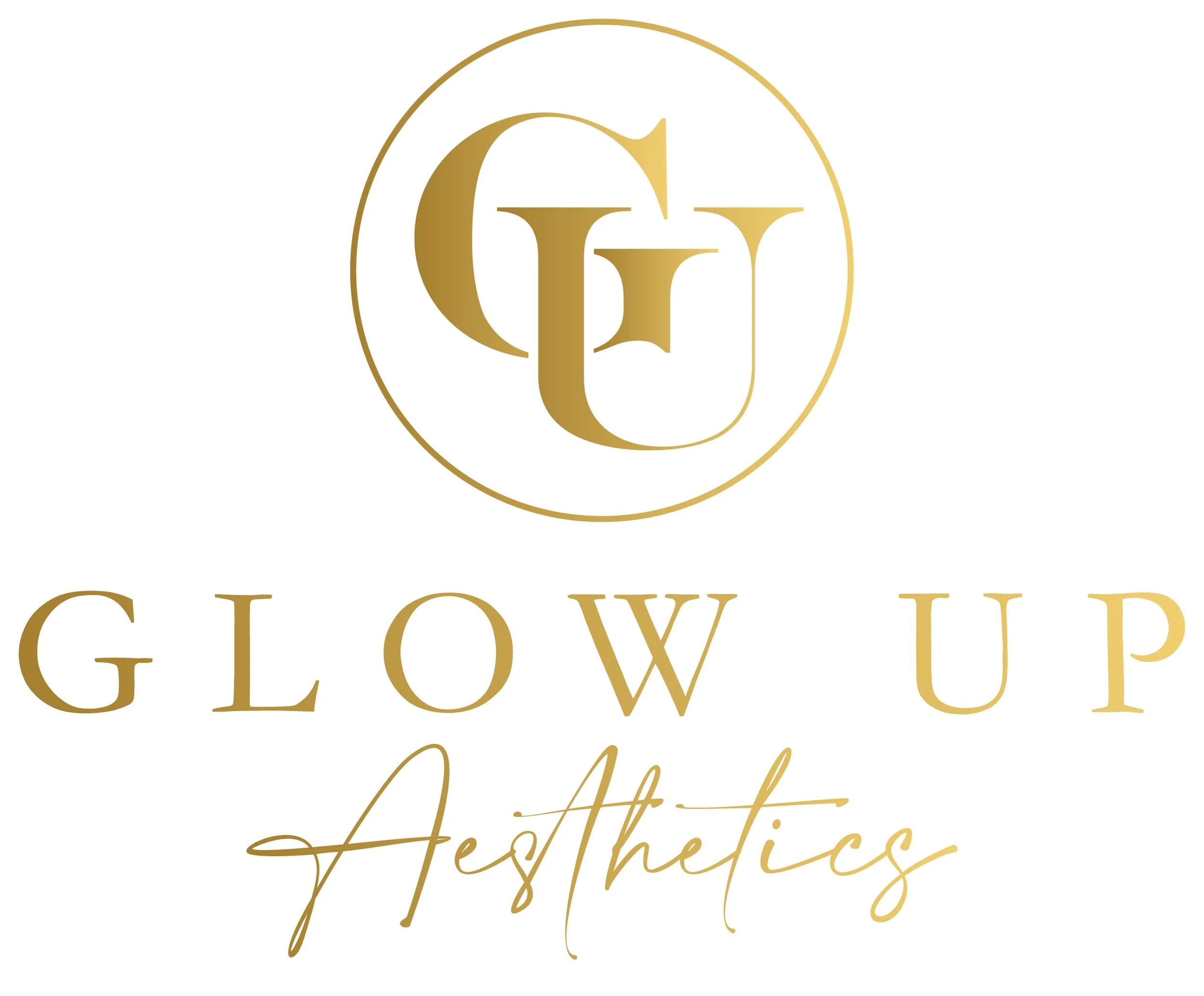 Gold and white logo for 'GLOW UP' with a circular design and elegant script font spelling out 'GLOW UP' and 'Authentic' underneath.