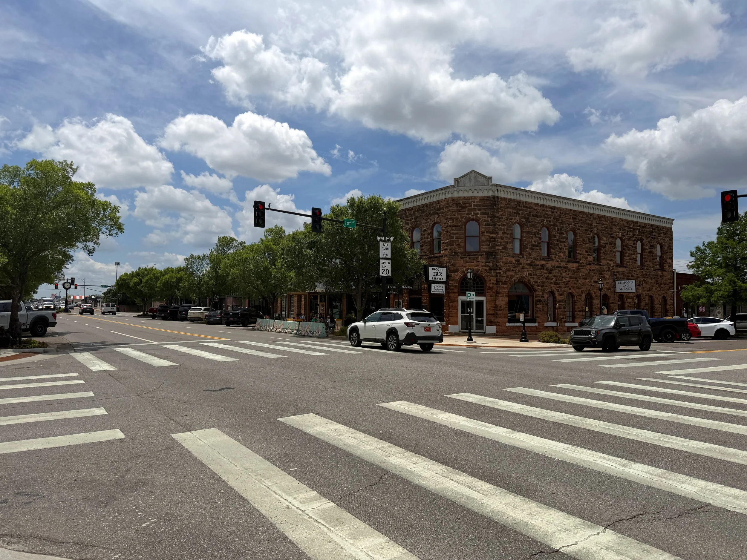 Historic downtown Edmond, Oklahoma, at the intersection of Broadway and 1st Street