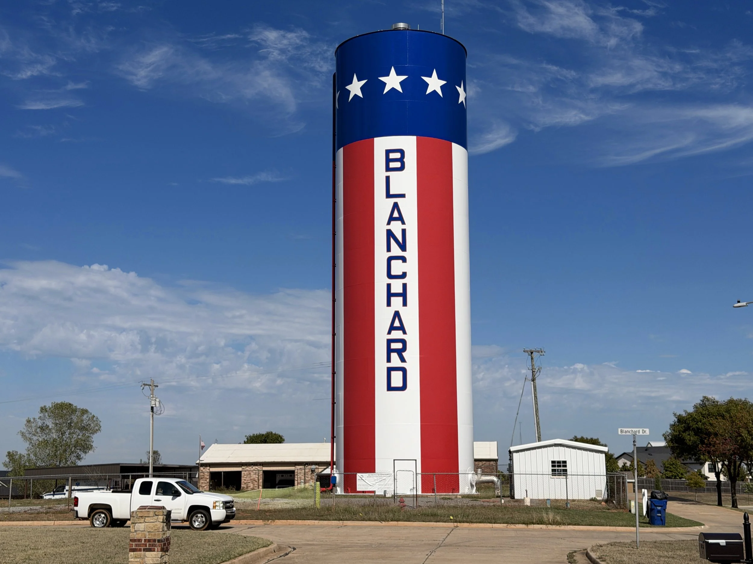 Blanchard, Oklahoma water tower near downtown, a familiar landmark in the community served by Dolphin Appliance