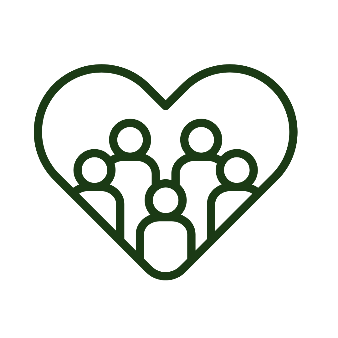 Line drawing of a heart outline with several human figures inside, symbolizing community or caring for others.