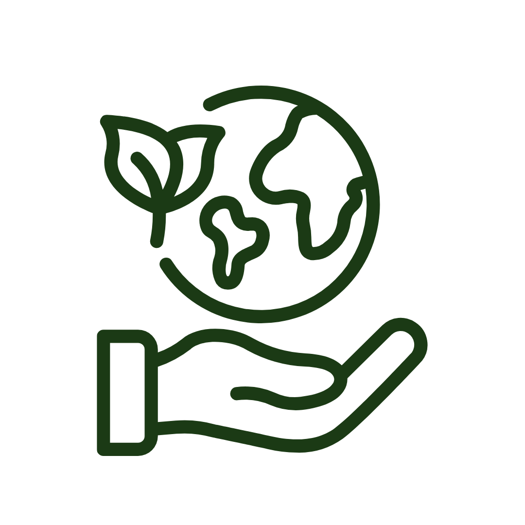 Line drawing of a hand holding the Earth with a leaf, representing environmental conservation and sustainability.
