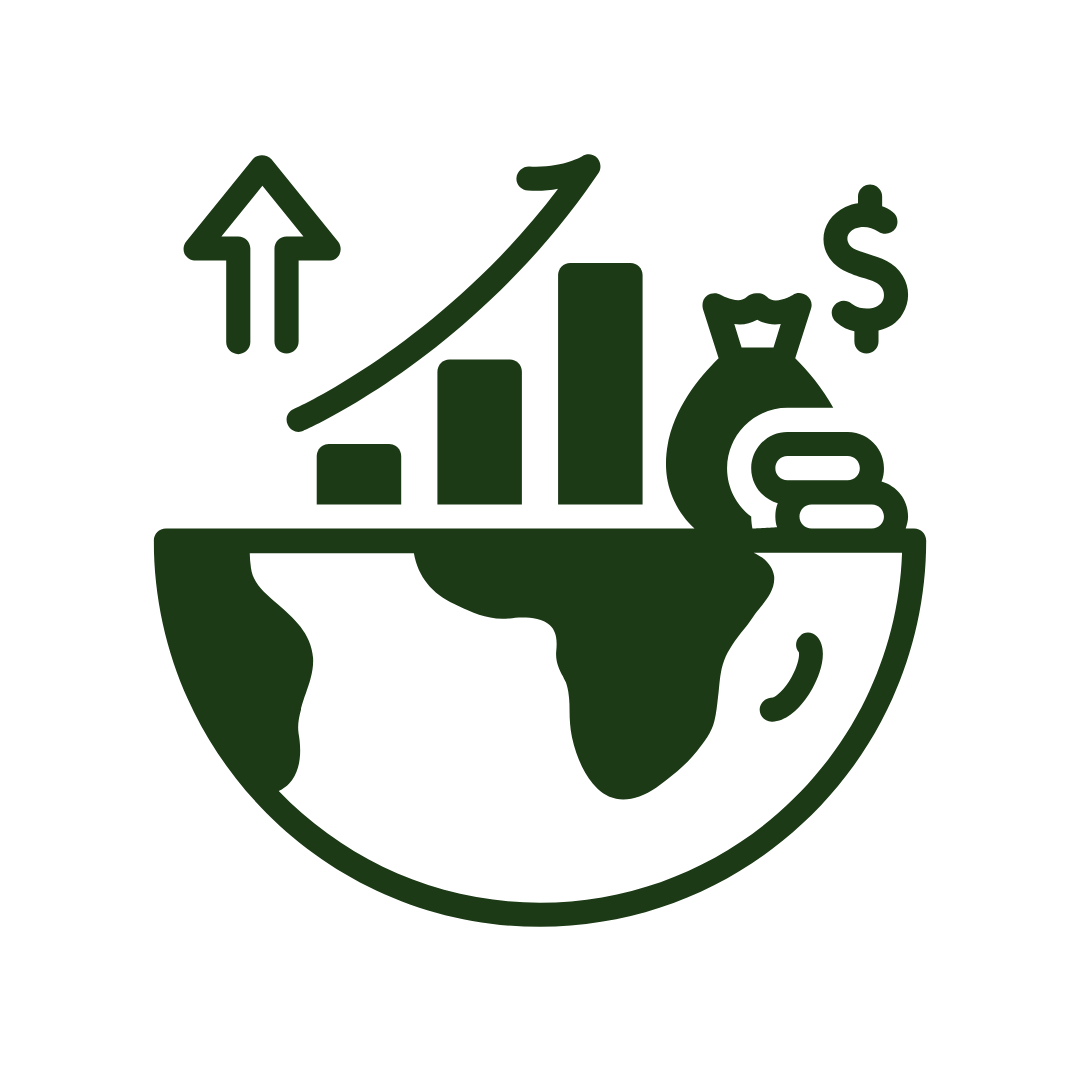 Green icon of the earth with a graph showing growth, a dollar sign, and an upward arrow, symbolizing global economic growth.
