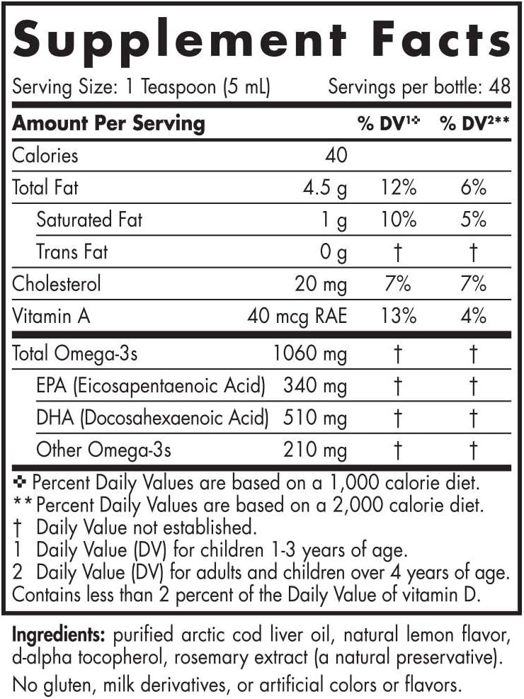 Nordic Naturals Arctic Cod Liver Oil Lemon 237m Nutritional Panel