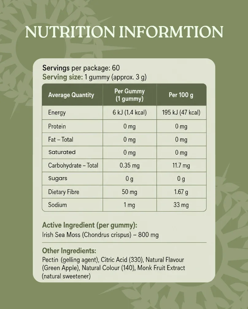 pollo Irish Sea Moss Gummies nutrition panel with 800 mg wild Irish Sea Moss per gummy