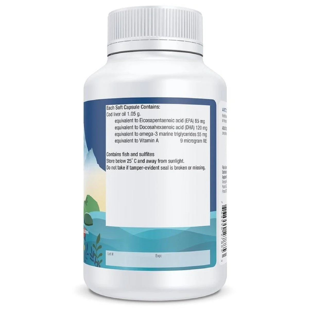 Back of Nordic Naturals Arctic Cod Liver Oil Capsules bottle showing ingredients directions and supplement information