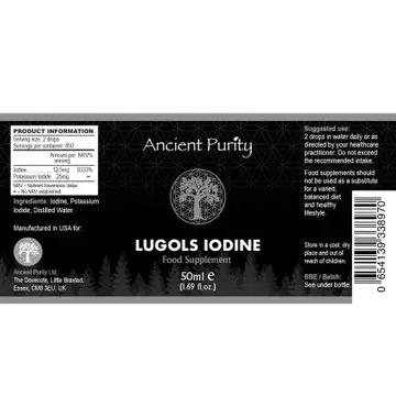 Ancient Purity Lugol’s Iodine 50ml supplement label showing original Lugol’s iodine formula details.webp