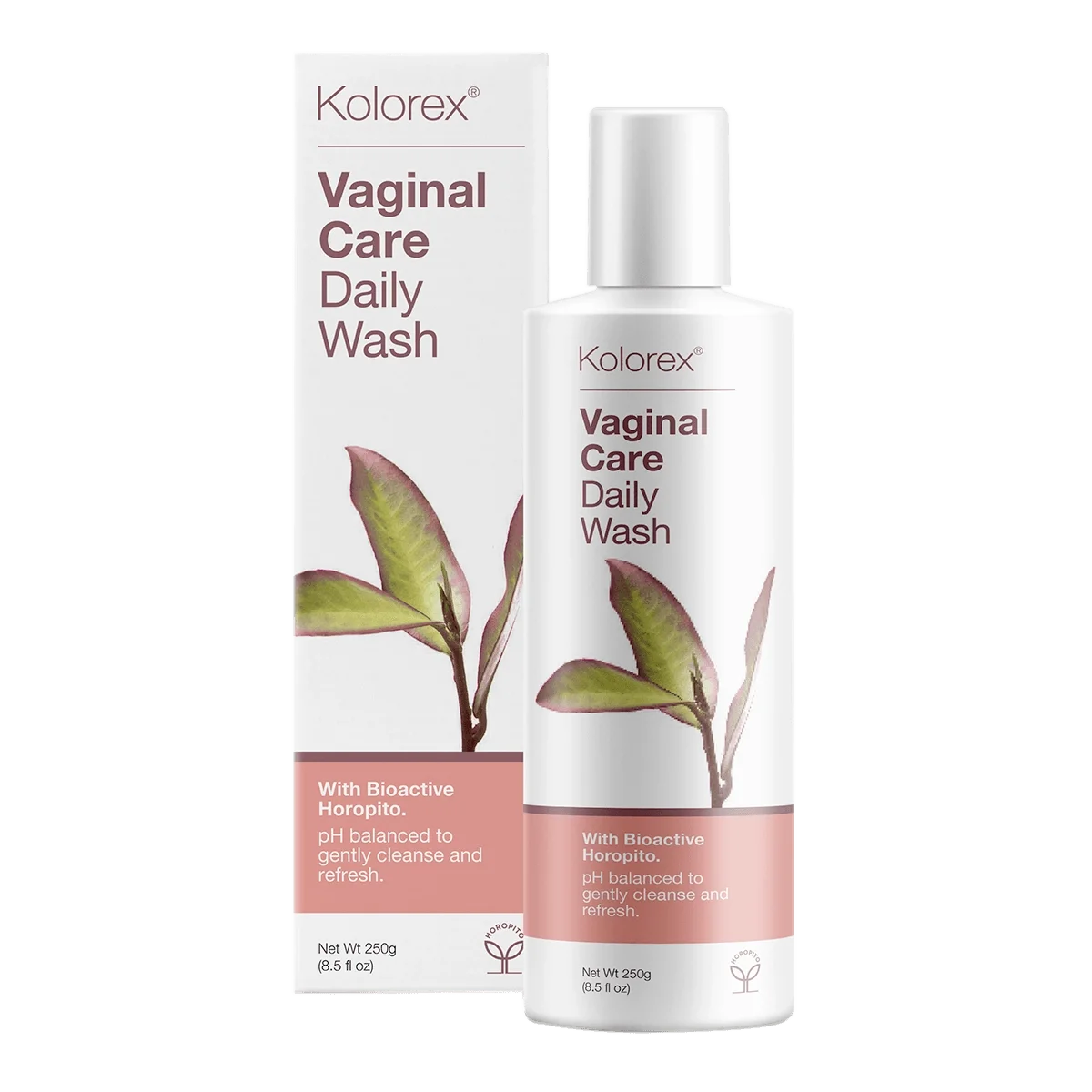Kolorex Vaginal Care Daily Wash 250ml bottle displayed in front of product box for intimate pH support