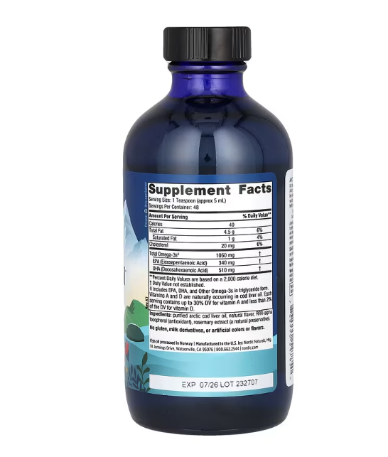 Back of Nordic Naturals Arctic Cod Liver Oil Orange 473ml bottle showing supplement facts and directions