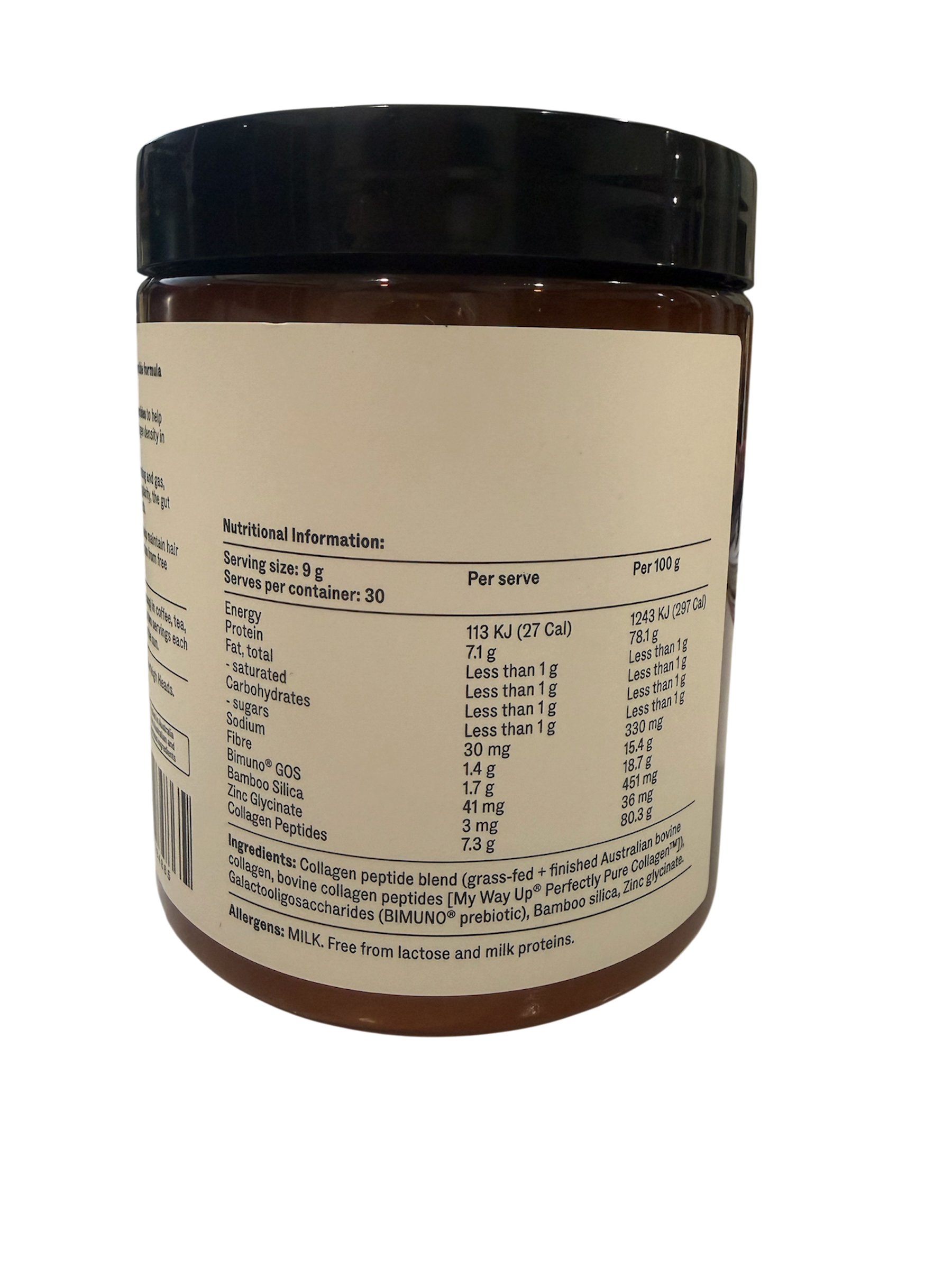 Back of My Way Up Collagen Restore With Bimuno 270g showing ingredients directions and supplement information