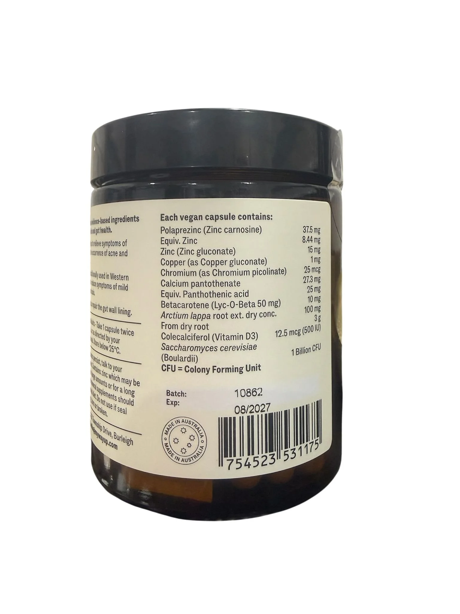 Back of My Way Up Skin and Gut capsules showing ingredients directions and supplement facts