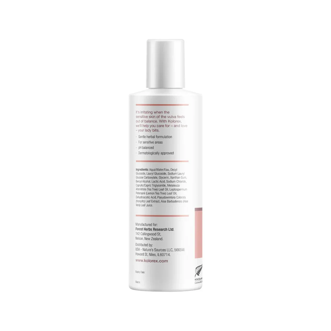 Back of Kolorex Vaginal Care Daily Wash 250ml bottle displaying ingredients and usage directions