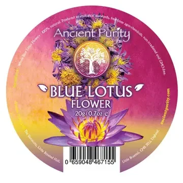 Ancient Purity Blue Lotus Flower 20g product label showing organic whole bloom botanical details.webp