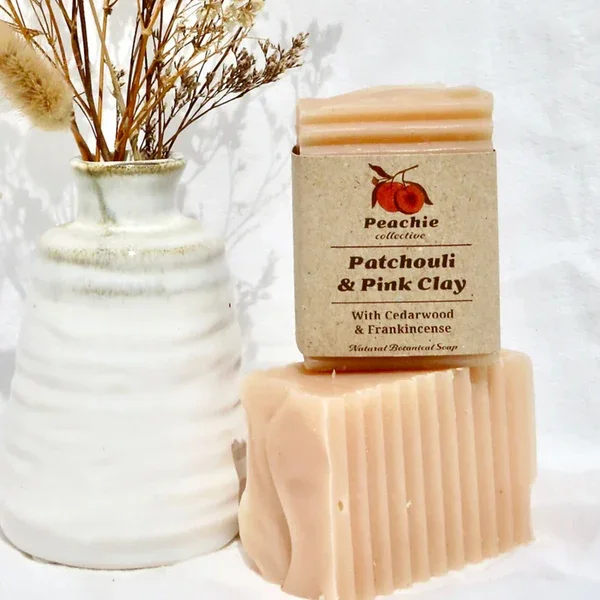Patchouli and pink clay handmade soap with cedarwood and frankincense notes 110g.