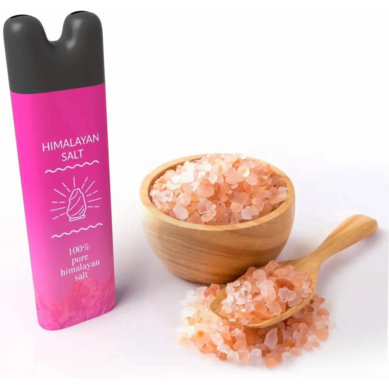 Natranal Himalayan Salt Inhaler beside pure Himalayan salt crystals and wooden bow