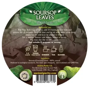 Ancient Purity Soursop Leaves 20g product label showing brewing instructions and botanical details.webp
