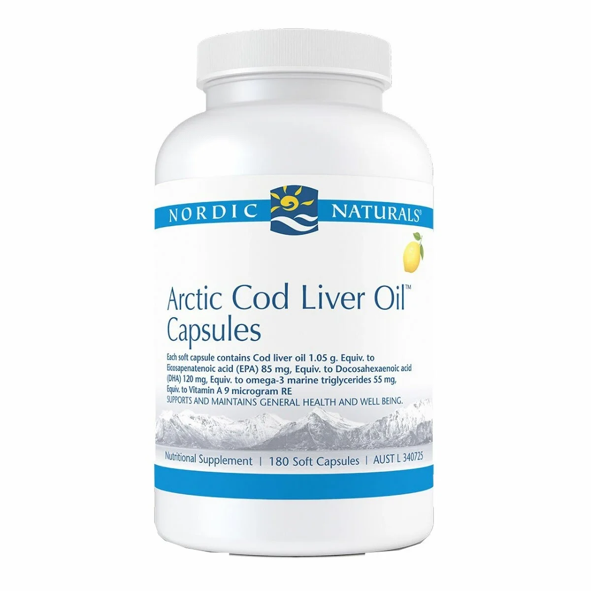 Nordic Naturals Arctic Cod Liver Oil Capsules 180 lemon caps front bottle packaging omega 3 supplement