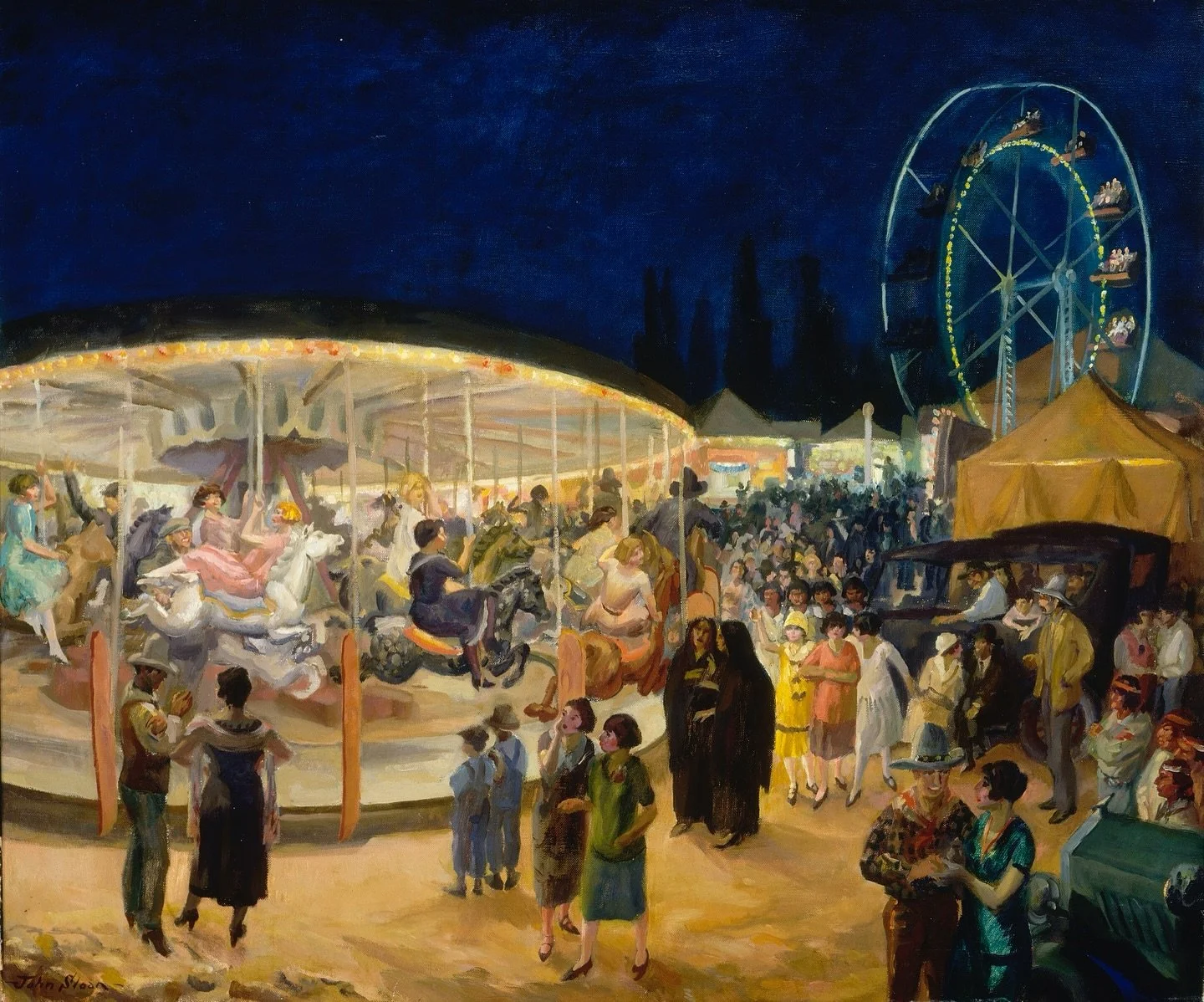 Traveling Carnival, Santa Fe, 1924 by John Sloan

I always try to look and feel before reading anything in a museum. What caught my attention here was the diversity, the energy, and the overlap of lives sharing one space.

It reminded me of moments b