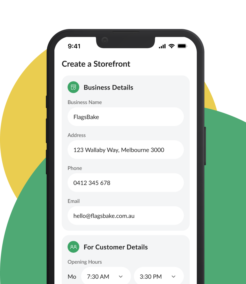 Smartphone screen displaying a business registration form titled 'Create a Storefront', with sections for business details such as name, address, phone number, and email, and customer details including opening hours.