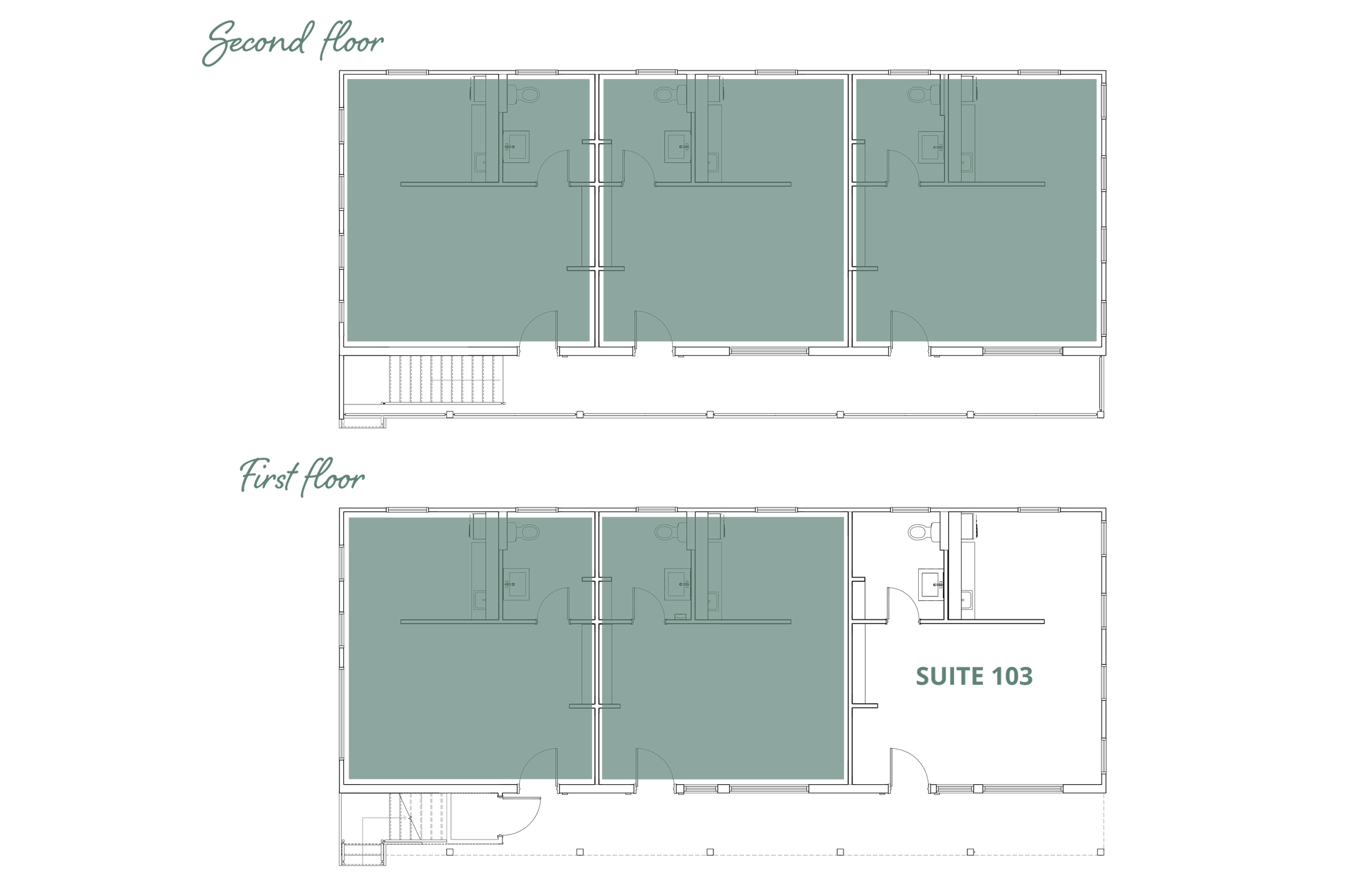 Floor plan of a two-story building with three suites, showing layout of rooms on the first and second floors, labeled 'First floor' and 'Second floor', with suite 103 available for lease on the first floor.