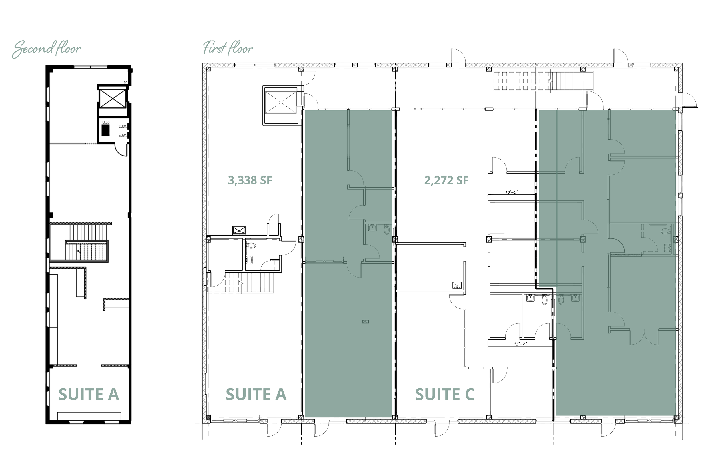 Floor plan showing first and second floors of a building, with shaded areas indicating suites labeled A, and C as available, room sizes of 3,338 and 2,272 square feet.