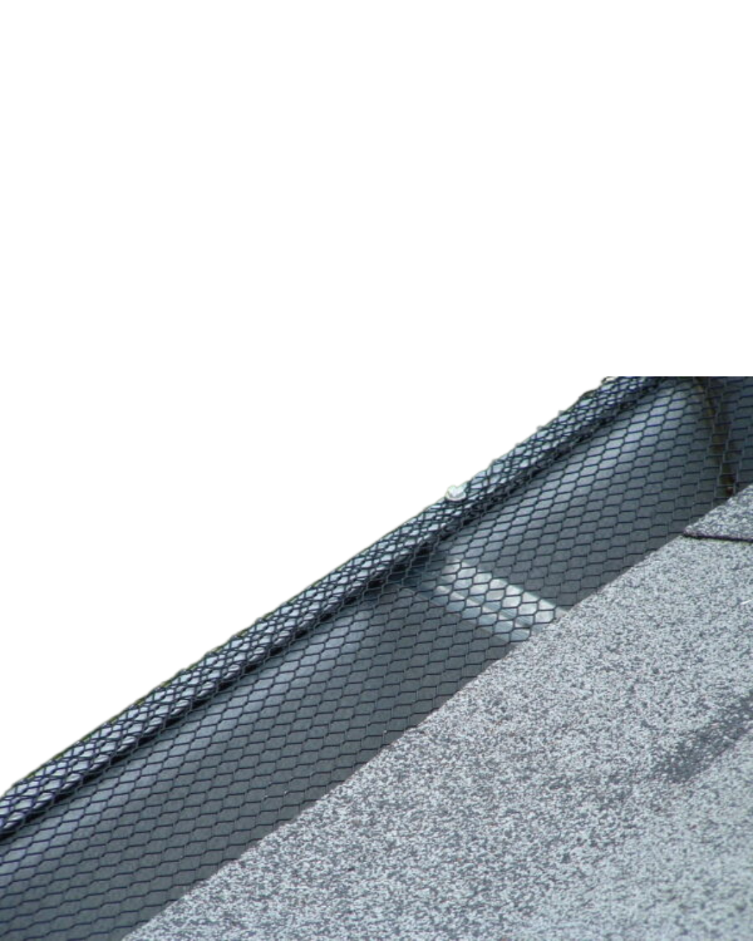 Close-up of a roof with grey shingles, a metal ridge vent, and mesh flashing.