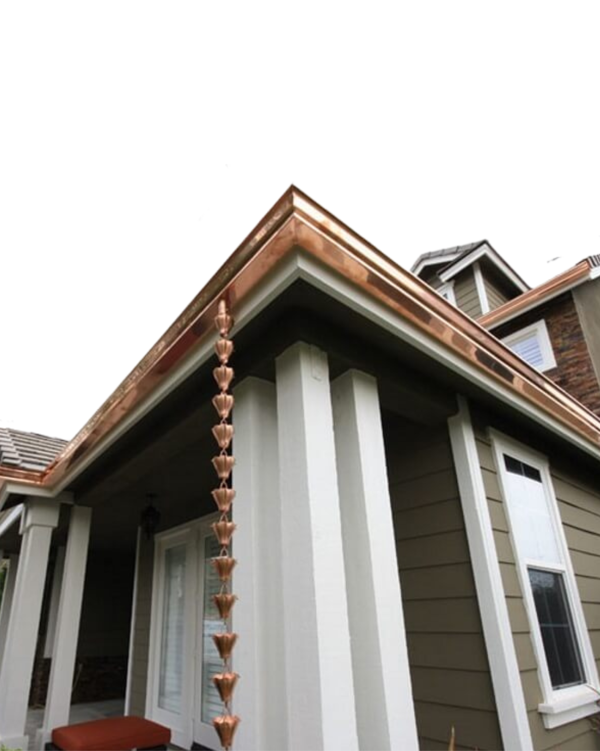 Gutter installation. rain chains. house with gutters. copper gutters. copper rain chains. copper.