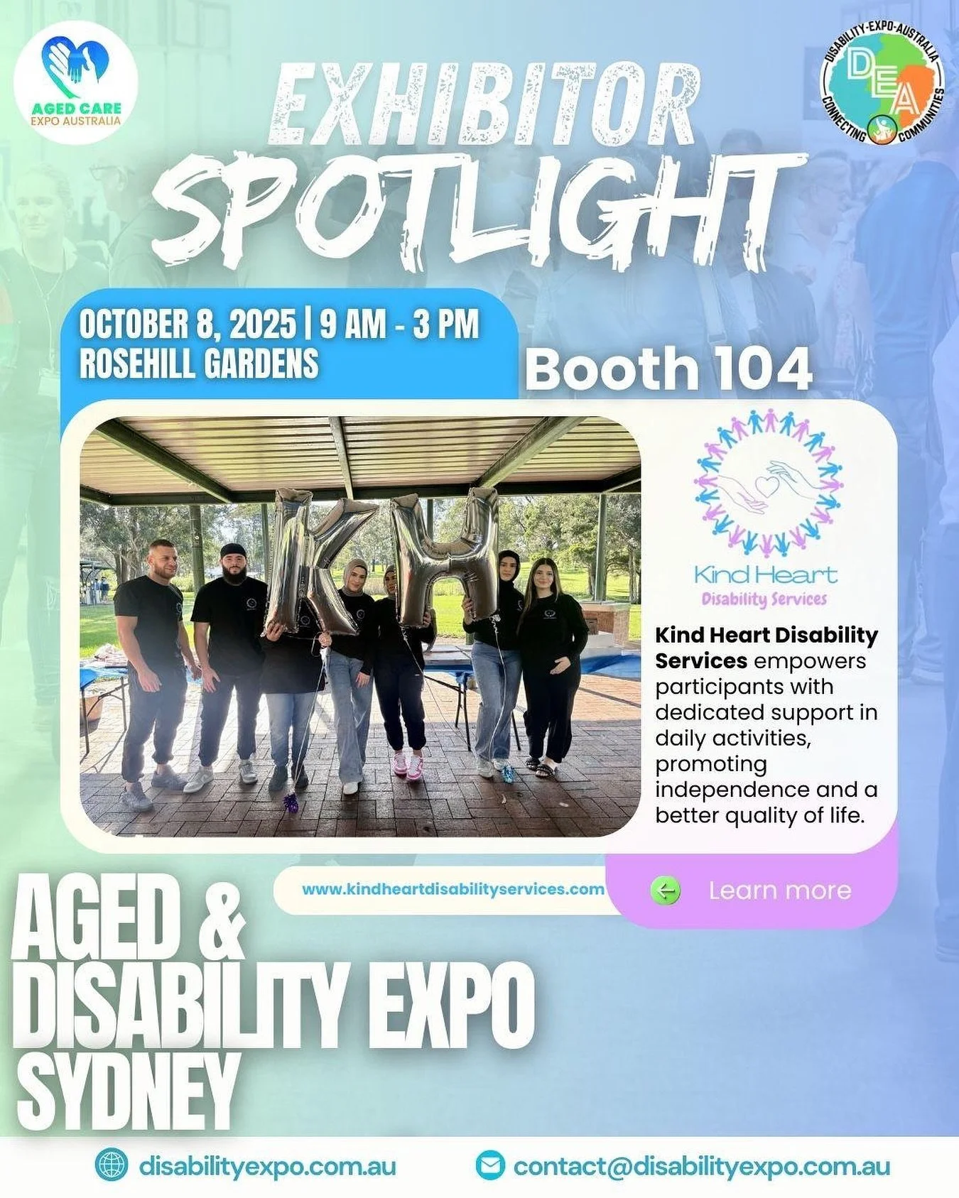 We&rsquo;re excited to announce that Kind Heart Disability Services will be at the Aged &amp; Disability Expo Sydney! 💜

📍 Location: Rosehill Gardens
📅 Date: October 8, 2025
🕘 Time: 9:00 AM &ndash; 3:00 PM
📌 Booth 104

At Kind Heart, we empower 