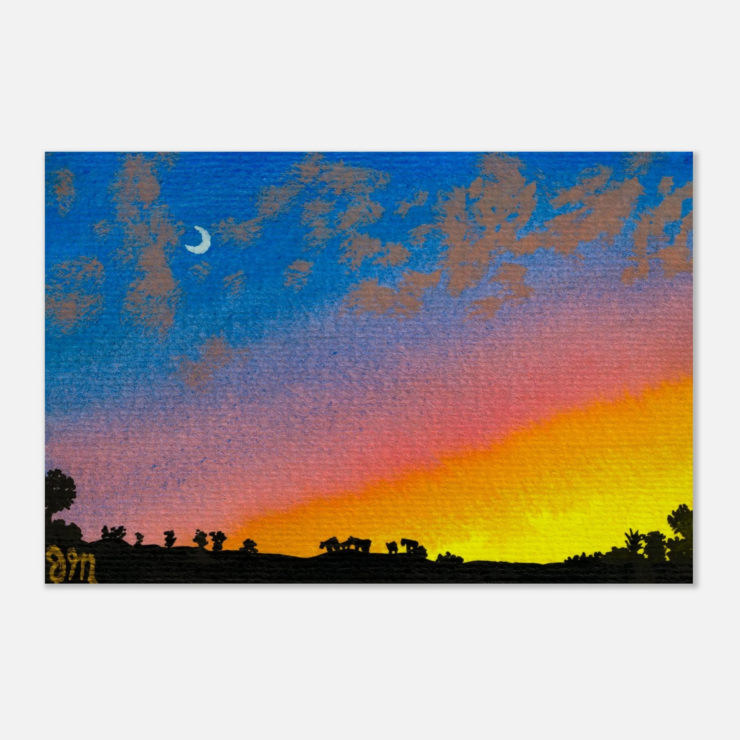 Upcountry Dusk - 24x36 Inch Size - Wood Print Mockup - Gansai Tambi Watercolor - by Jean Marie Johnson - Chrysalis Design Studio - Art Print.jpeg
