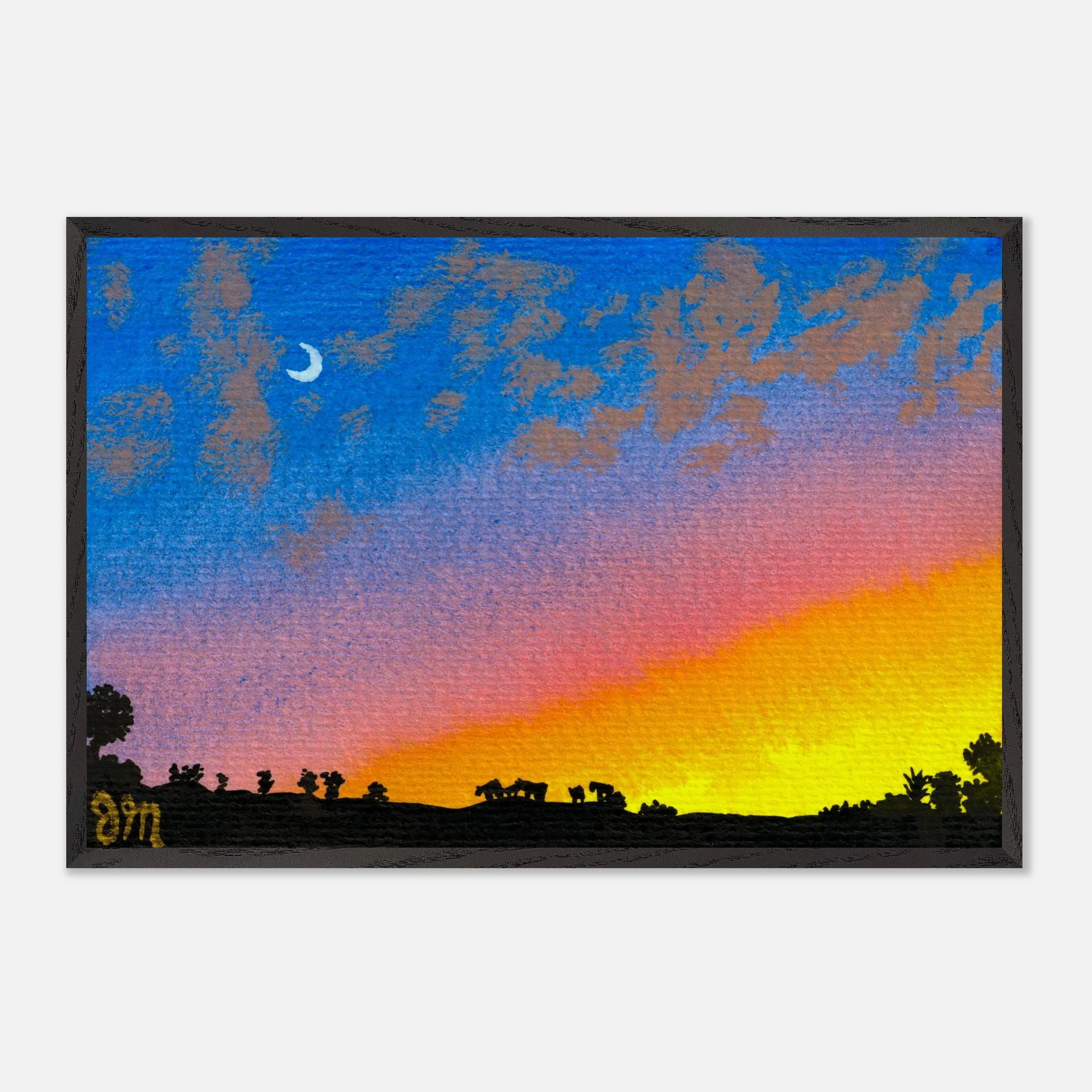 Upcountry Dusk - 24x36 Inch Size - Black Wood Framed Semi-Gloss Print Mockup - Gansai Tambi Watercolor - by Jean Marie Johnson - Chrysalis Design Studio - Art Print.jpeg