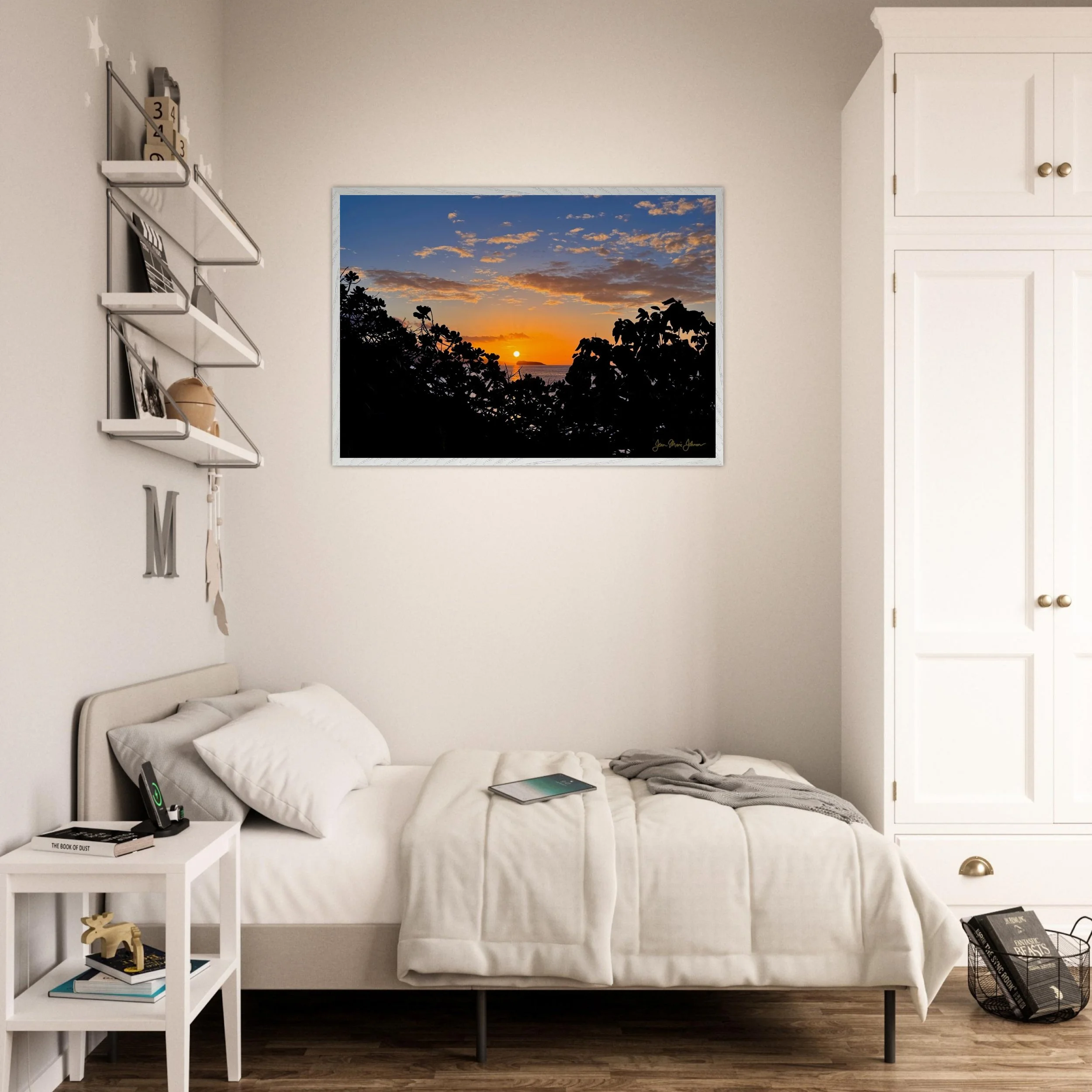 Molokini Sunset - 28x40 Inches Wood Framed Semi-Gloss - Bedroom Mockup - Chrysalis Design Studios - Maui Photography by Jean Marie Johnson.jpeg