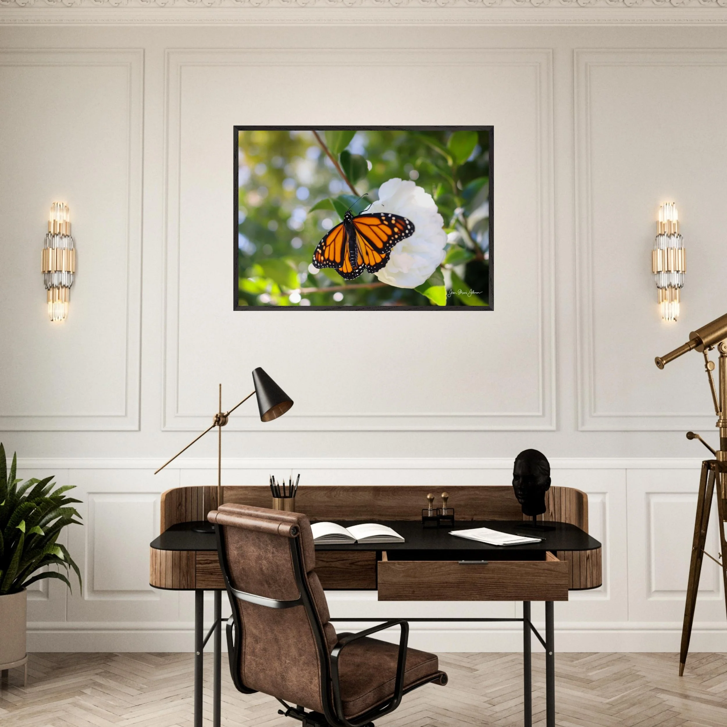Goldenrod's First Flower - 28x40 Inch Black Wood Framed Semi-Gloss Print Mockup in Office - Chrysalis Design Studio - Maui Photography by Jean Marie Johnson.jpeg