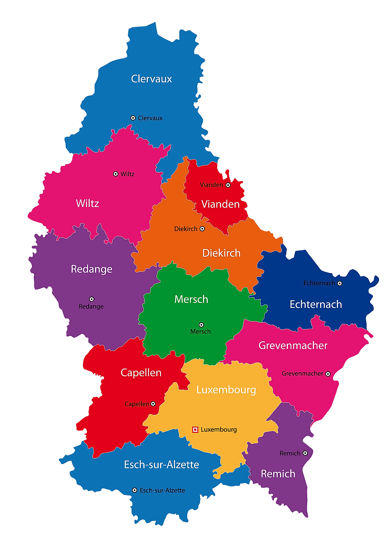 Carte administrative de la région de Luxembourg avec ses quartiers et leurs noms, colorés différemment.