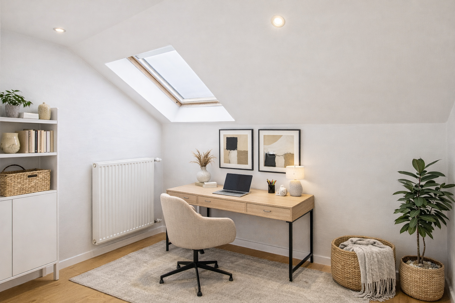 Bureau moderne dans une pièce sous un toit en pente avec un velux, décoration minimaliste, plantes en pot, lumière douce, tapis beige.