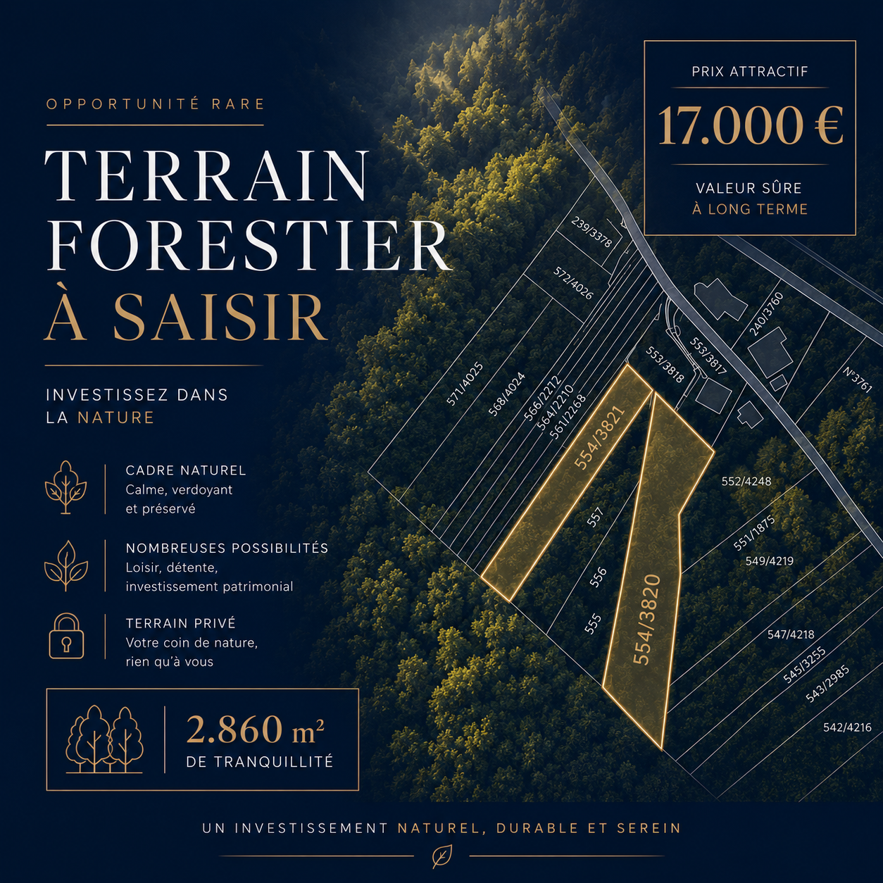 Annonce immobilière pour un terrain forestier à vendre, inscription en français, indique un prix attractif de 17 000 € à long terme, avec une superficie de 2 860 m², description de l'environnement naturel et calme, mettant en avant l'investissement d