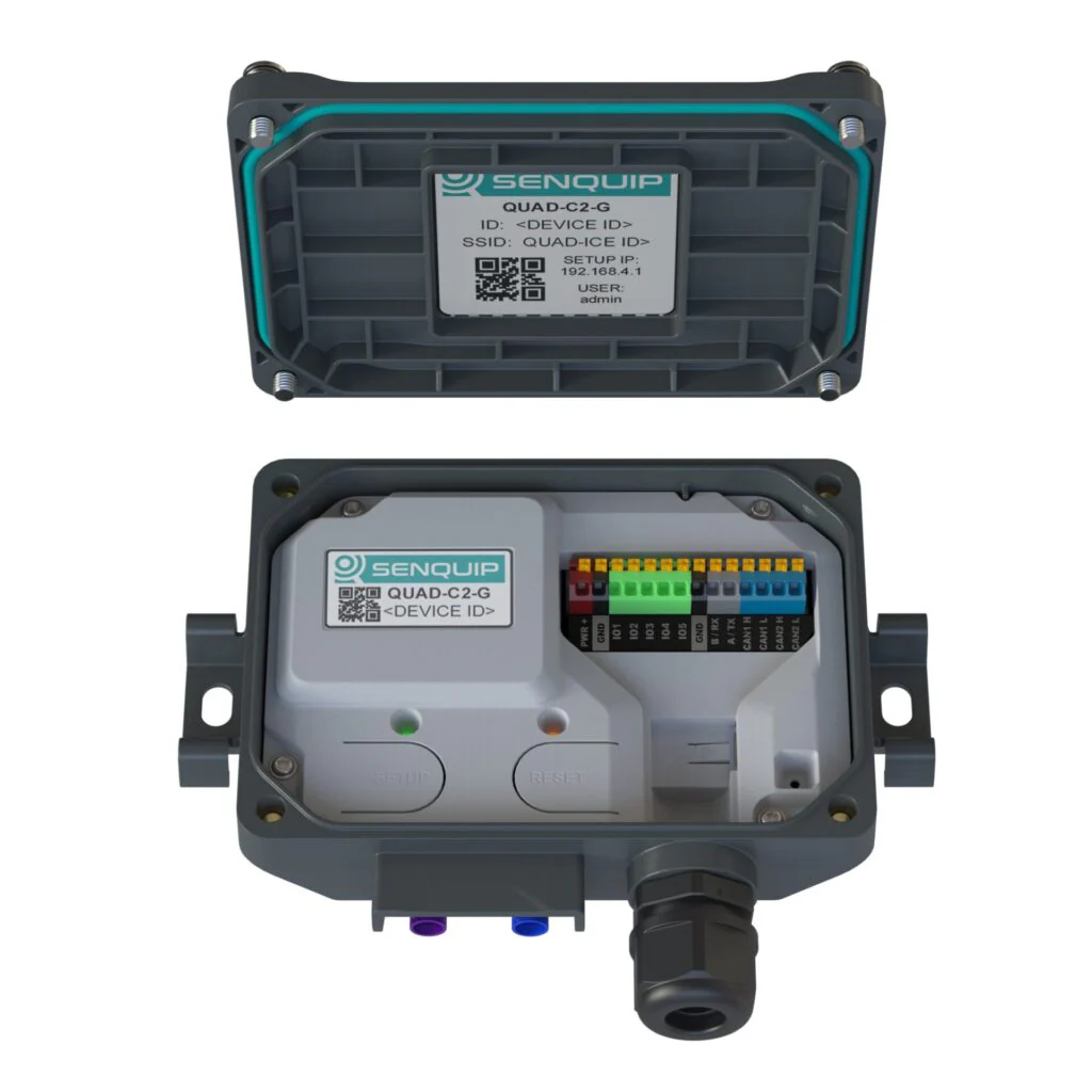 Top and bottom view of a Senquip Quad-C2-G device, a rugged industrial enclosure with a label displaying model, device ID, SSID, setup IP address, and user info, featuring multiple color-coded terminal connections, indicator lights, and connection ports.