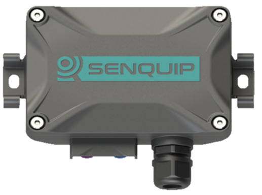 A gray device with the brand name 'SENQUIP' printed on it in blue, featuring several screws and a black connector or port at the bottom.