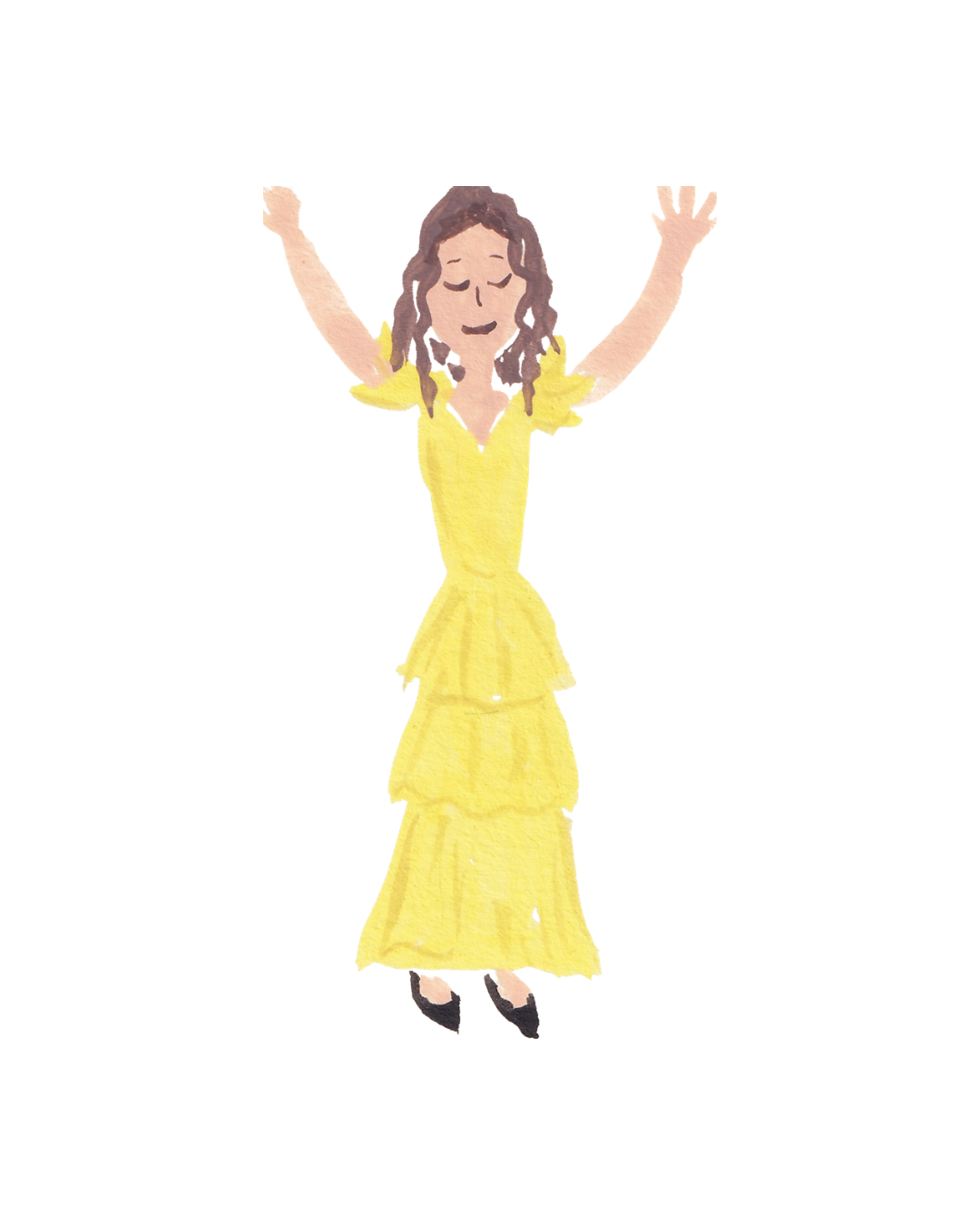 Illustration of a woman with brown hair in braids wearing a yellow dress, standing with arms raised and smiling with eyes closed.