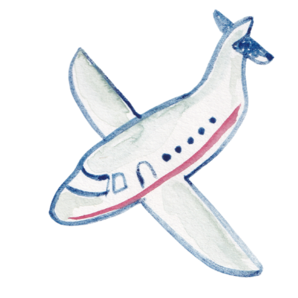 Hand-drawn illustration of a white airplane with blue and red accents.