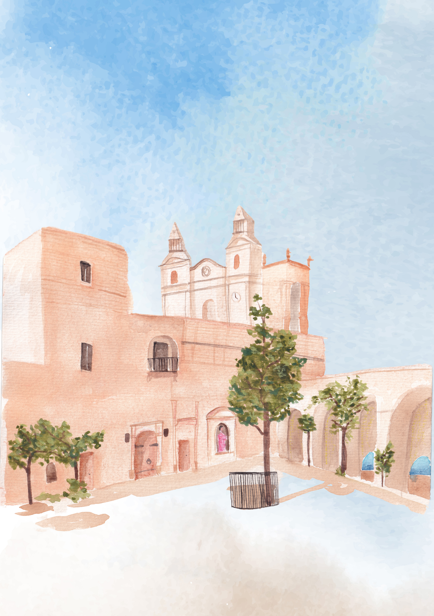 Painting of a historical cityscape with a church with twin towers, stone buildings, trees, and a blue sky.